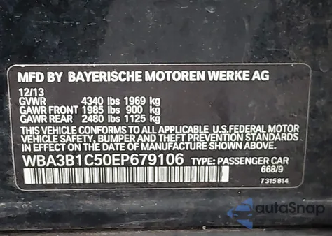 2014 BMW 320I from USA, damaged, VIN WBA3B1C50EP679106